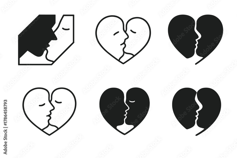 Obraz premium Harmonious Love Logos. Love and affection. Set Logo of Love and affection: Kiss. harmonious logo variations of the same emblematic concept, each with different
