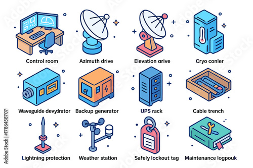 Isometric Ground Station Icons. Ground station operations and maintenance. Colorful isometric vector icons set of Ground station operations and maintenance:
