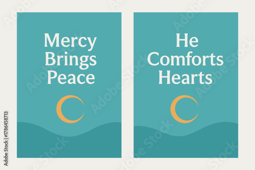 Mercy and Comfort Banners. Mercy & Calm. Two vertical A6 banners with safe margins, centered composition, no elements touching edges, minimal, turquoise and