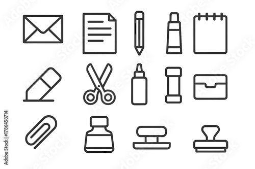 Stationery Icons Grid. Stationery Set. Line icon set of Stationery Set: envelope, paper sheet, pencil, ruler, eraser, scissors, glue stick, notepad, paper