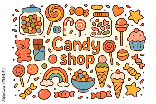 Doodle Candy Shop. Candy shop. Hand-drawn doodle illustration of Candy shop. Candy jars, lollipops, gummy