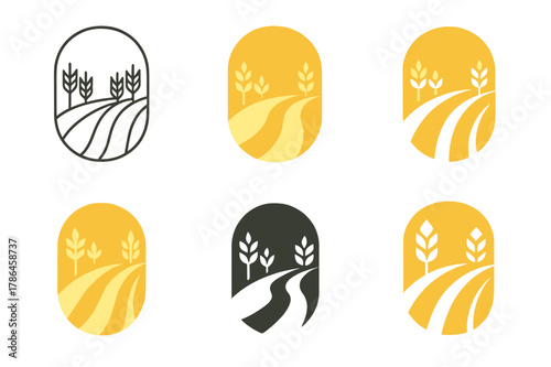 Wheat Field Logos. A field of golden wheat swaying in the breeze. Set Logo of a field of golden wheat swaying in the breeze: path through rippling wheat. Icon
