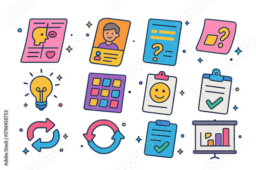 Design Thinking Icons. Design thinking for students. Colorful isometric vector icons set of Design thinking for students: empathy map, persona card, problem
