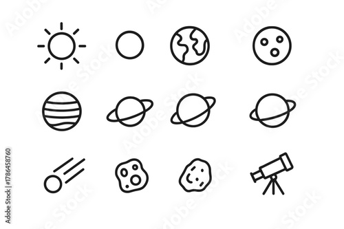 Astronomy Icon Grid. Astronomy study. Line icon set of astronomy study: sun, mercury, venus, earth, mars, jupiter, saturn, uranus, neptune, comet, asteroid,