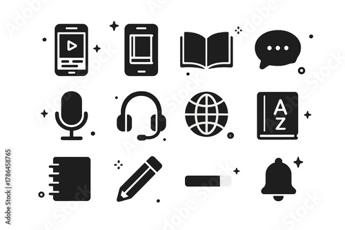 Mobile Learning Icons. Mobile Learning. Solid icons set of Mobile Learning: app interface, smartphone, book, chat bubble, microphone, headset, globe,