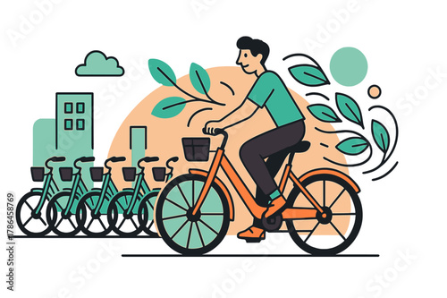 City Bikes in Motion. City Bike Share. A row of bright bicycles lines a clean urban street; a rider in motion