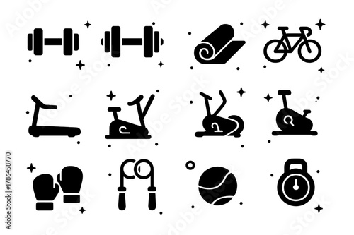 Fitness Icon Collection. Fitness and Exercise. Solid icons set of Fitness and Exercise: dumbbells, barbells, yoga mats, bicycles, treadmills, ellipticals,
