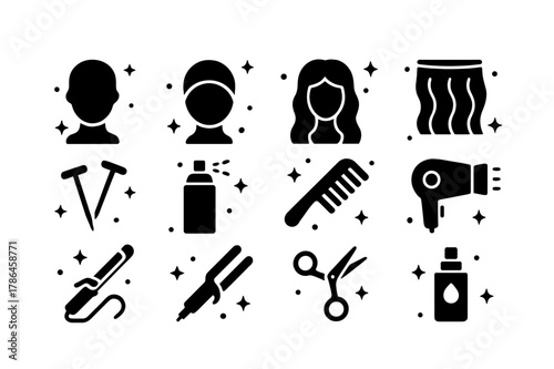 Cosplay Wig Styling Icons. Wig styling for cosplay. Solid icons set of Wig styling for cosplay: wig head, wig cap, lace front wig, hair wefts,