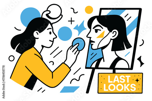 Makeup Magic Moment. Behind-the-scenes filming ? Makeup touch-up. Powder puffs into clean circles; a mirror reflects geometric cheeks and a steady hand. ?LAST