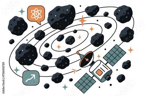 Asteroid Belt Exploration. Asteroid belt studies. Space probe mapping asteroid belt with abstract floating orbit lines, asteroids, and sparkles; conveys