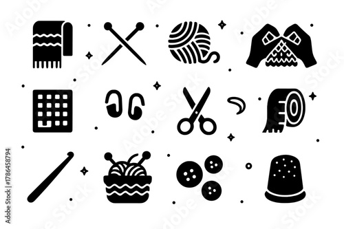 Knitting Tools Icons. Knitting Session. Solid icons set of Knitting Session: scarf, knitting needles, yarn ball, hands, pattern chart, stitch