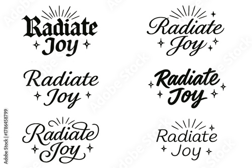 Radiate Joy Calligraphy. Radiate joy. Create a calligraphy lettering illustration of the phrase: Radiate joy.