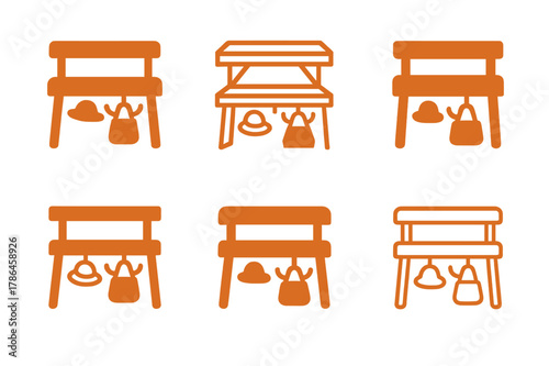 Versatile Hook Logo Designs. Adding hooks or racks for bags, hats, or coats. Set Logo of Adding hooks or racks for bags, hats, or coats: entry bench with