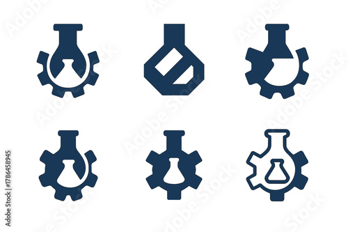 Innovative Logo Designs. R&D and productivity. Set Logo of R&D and productivity: lab flask morphing into gear. harmonious logo variations of the same