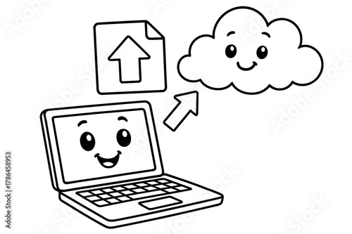 Cheerful Laptop & Cloud. Uploading to the cloud children?s coloring book illustration, outlined drawing, a cheerful laptop sending a file with an arrow toward