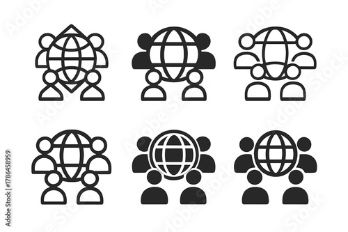 Diverse Audience Logos. Audience in marketing. Set Logo of Audience in marketing: globe symbol surrounded by diverse audience icons. Icon set. harmonious logo