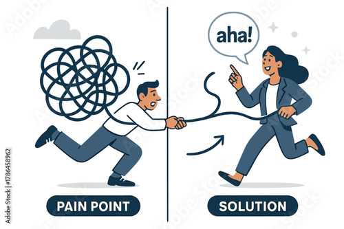 Problem-Solution Illustration. Pitch Deck ? Problem & Solution. Split scene shows a tangled knot labeled ?pain point? and a smooth line labeled ?solution.?