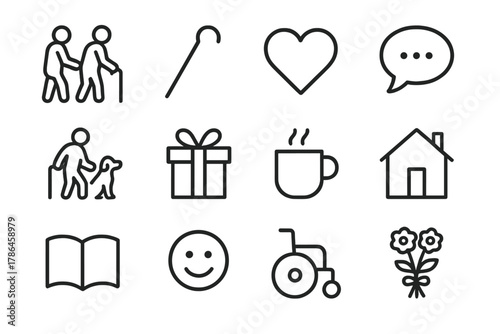 Elderly Companionship Icons. Elderly companionship. Line outline icon set of elderly companionship: two people