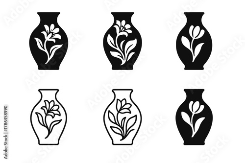 Floral Vase Logos. tabletop flower vase. Set Logo of tabletop flower vase: artistic vase with flowing floral pattern. Icon set. harmonious logo variations of