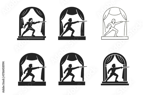 Dramatic Sword Fight Logos. An actor performing a dramatic sword fight on stage. Set Logo of An actor performing a dramatic sword fight on stage: actor lunge