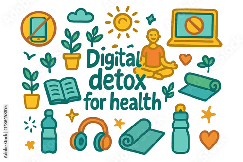 Digital Detox Essentials. Digital detox for health. Hand-drawn doodle illustration of digital detox for health
