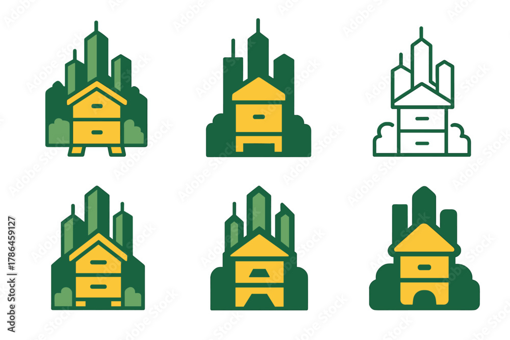 Fototapeta premium Rooftop Beekeeping Logos. Suburban beekeeping with urban landscapes. Set Logo of Suburban beekeeping with urban landscapes: rooftop apiary with skyscrapers.