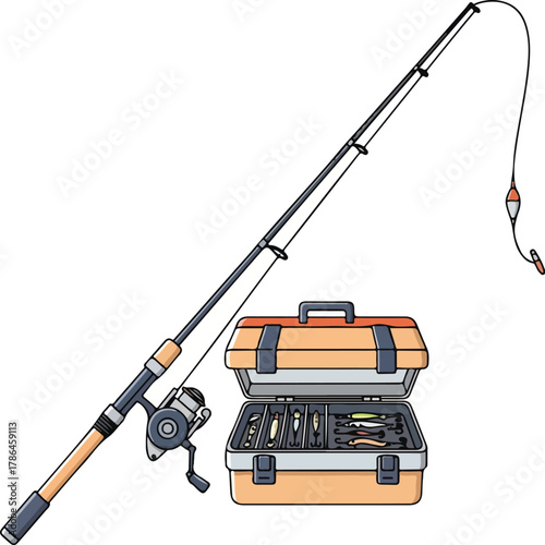 Fishing Rod and Tackle Box Illustration for Outdoor Recreation and Angling Concepts