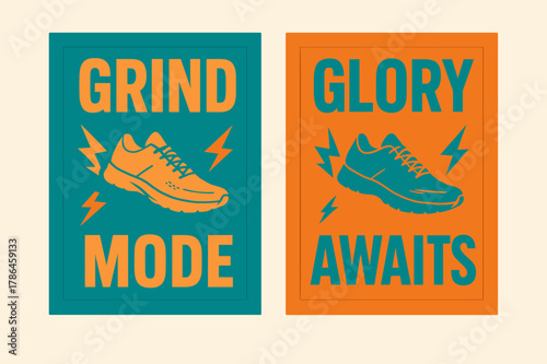 Energizing Banners. Hustle. Two vertical A6 banners with safe margins, centered composition, no elements touching edges, bold, turquoise and orange, lightning