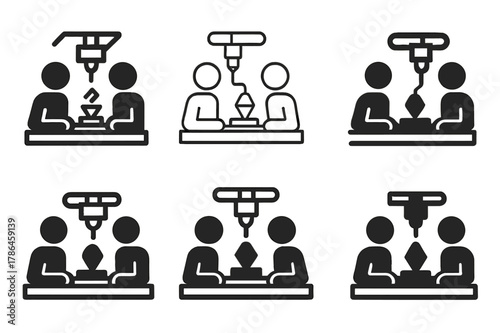 Students' Experiment Logos. Students participating in hands-on experiments. Icon set. Set Logo of students participating in hands-on experiments: 3D printer
