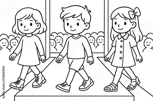 Runway Coloring Fun. Fashion runway shoes children?s coloring book illustration, outlined drawing, models