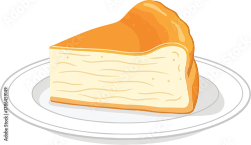 Delicious Slice of Classic New York Cheesecake with Caramel Topping on White Plate Vector Illustration