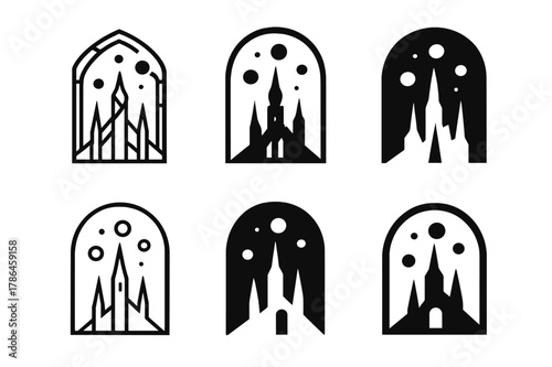 Mystical City Logos. A mystical city with towering spires and floating orbs of light. Set Logo of A mystical city with towering spires and floating orbs of