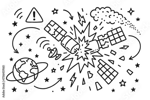 Satellite Collision Doodle. Satellite collision. Hand-drawn doodle illustration satellite collision two satellites, explosion burst, broken solar panel, orbit