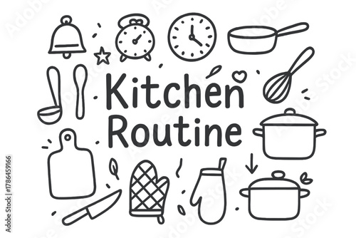 Kitchen Routine Doodles. Kitchen Routine. Hand-drawn doodle illustration of Kitchen Routine. timer, clock,