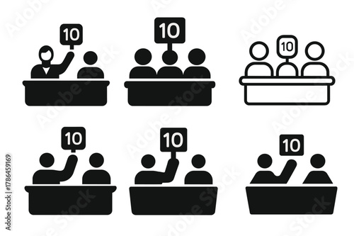 Talent Show Logos. Talent shows and auditions. Set Logo of Talent shows and auditions: judges panel with score cards. Icon set. harmonious logo variations of