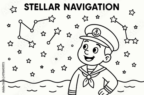 Sailor's Star Map. Stellar navigation children?s coloring book illustration, outlined drawing, a smiling sailor character looking up at the night sky with a