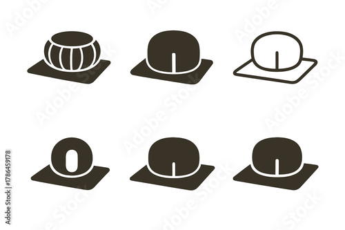 Mindfulness Logo Variations. Mindfulness and meditation. Set Logo of Mindfulness and meditation: meditation cushion (zafu) on mat. Icon set. harmonious logo