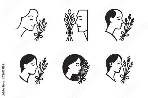Flower Logo Variations. Smelling fresh flowers from a bouquet. Set Logo of Smelling fresh flowers from a bouquet: lavender stems tied with twine. Icon set.