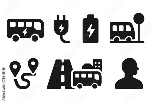 Electric Buses Icons. Electric buses. Filled icon set of electric buses: e-bus, charging plug, battery, bus