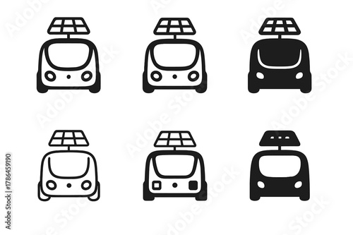 Solar-Powered Transport Icons. Solar-powered city transport vehicles. Icon set. Set Logo of Solar-powered city transport vehicles: autonomous shuttle pod with