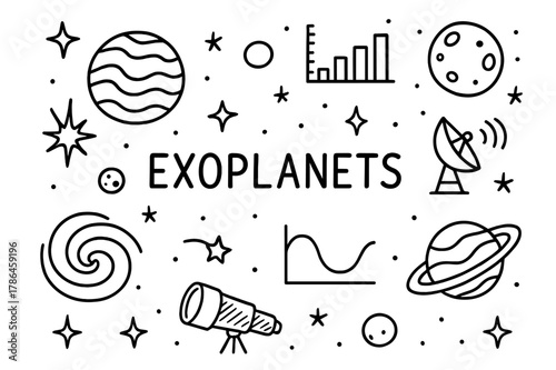 Exoplanet Exploration Doodle. Exoplanets. Hand-drawn doodle illustration exoplanets orbiting stars, telescope, data chart, rings, planets, light curve, moon,