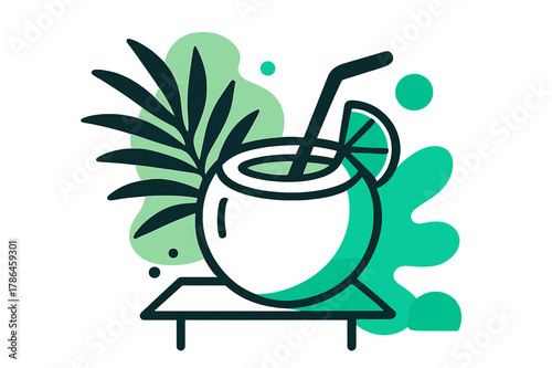 Tropical Coconut Drink. Exotic hydration. A coconut drink with a straw and slice of lime perched on a minimal