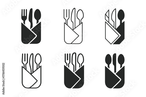 Cutlery Roll Variations. Cutlery roll. Icon set. Set Logo of cutlery roll: knife, fork, spoon in rolled napkin. harmonious logo variations of the