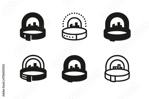 June Concert Logo Set. June concert outdoors. Icon set. Set Logo of june concert outdoors: festival wristband and skyline stage arch. harmonious logo