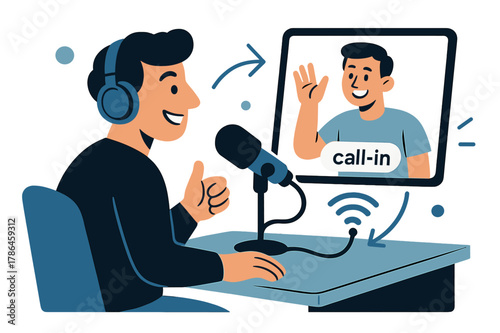 Dynamic Radio Broadcast. Radio Studio Desk ? Remote Guest. A clean screen shows a smiling caller; cable and Wi-Fi icons connect to the desk mic. Caption badge: