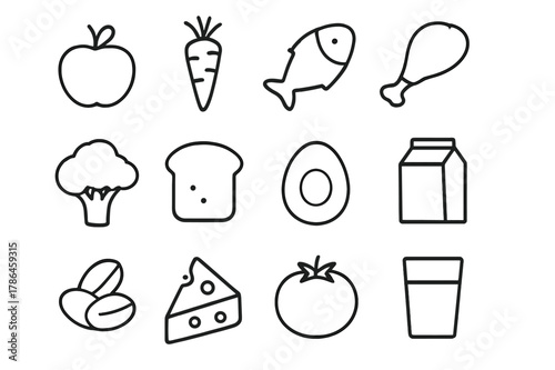 Healthy Eating Icons. Healthy eating plate. Line icon set of healthy eating plate: apple, carrot, fish, chicken drumstick, broccoli, bread slice, egg, milk