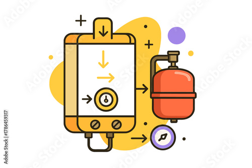 Modern Boiler System. Boiler with Expansion Tank. A modern wall-mounted boiler connected to a red expansion