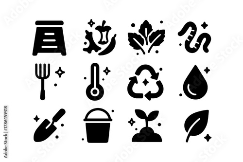Composting Icons Set. Composting Systems. Solid icons set of Composting Systems: compost bin, food scraps, leaves, worms, pitchfork, thermometer, recycle