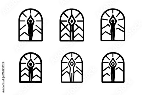 Yoga Pose Logos. A person performing yoga poses in front of a window with a beautiful view. Icon set. Set Logo of yoga scene: mountain pose with light rays