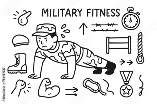 Military Fitness Doodle. Military fitness. Hand-drawn doodle illustration military fitness soldier, push-up pose, whistle, stopwatch, boots, hat, obstacle